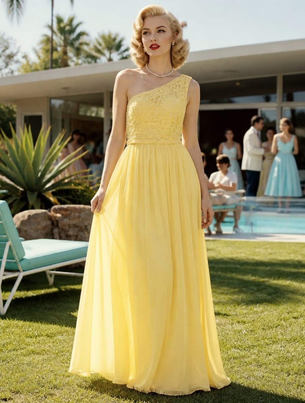 Elegant One-Shoulder Yellow Lace & Chiffon Dress